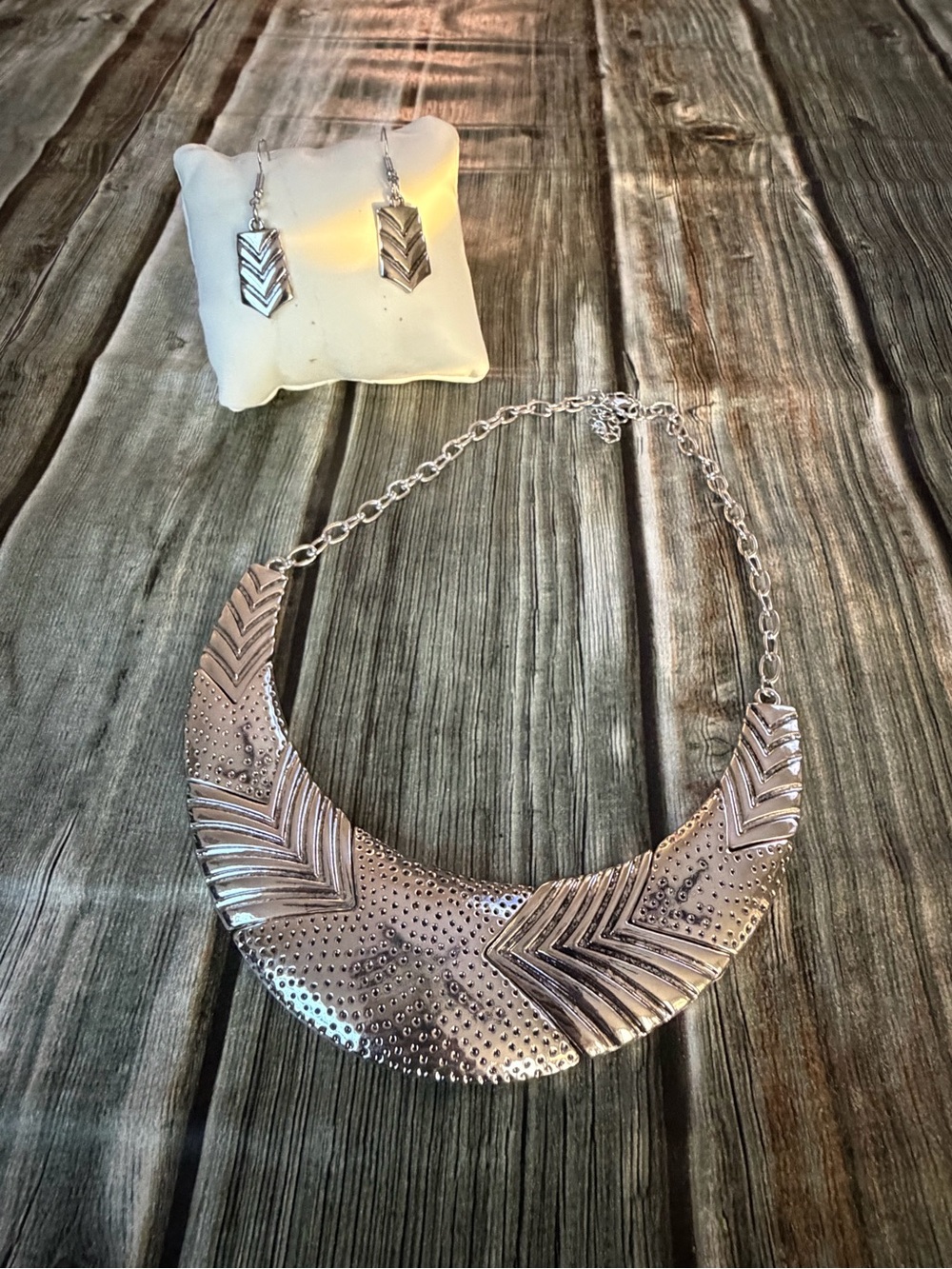 Silver Textured Crescent Statement Necklace and Earring Set